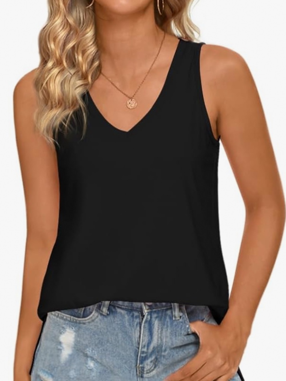 Versatile black V-neck tank for everyday wear. Lightweight, breathable fabric fo